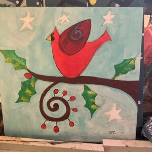 Red Cardinal hands painted by me. 18 3/4 x 18 3/4. Only needs a frame.